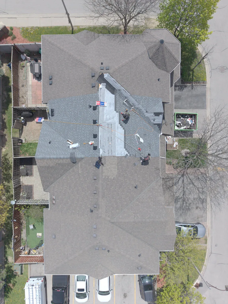 Completed section of new roof on a Brampton home, aerial view