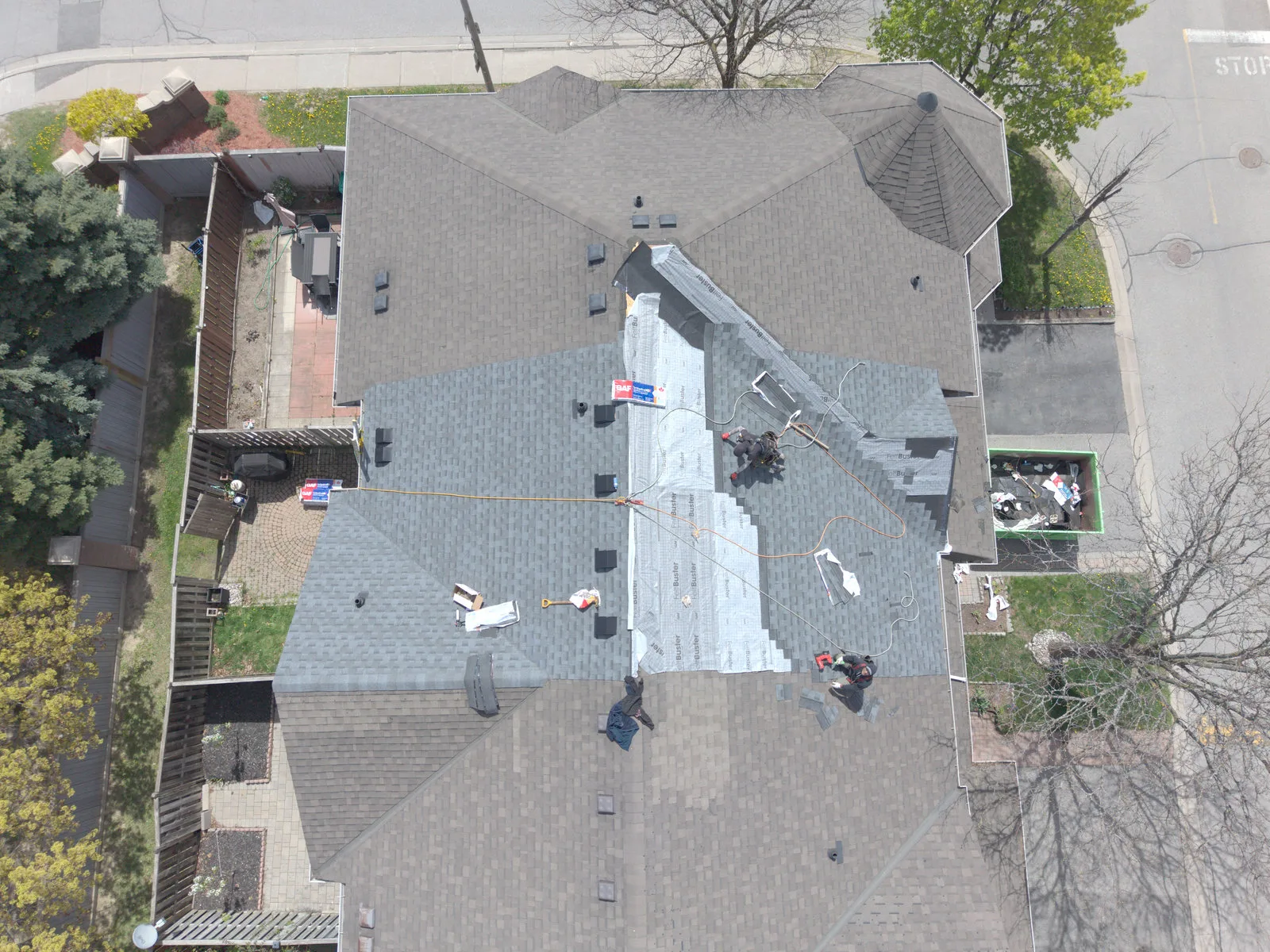 Nearly finished roof replacement on a Brampton home, aerial view