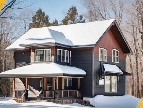 Snow-covered roof with durable metal shingles