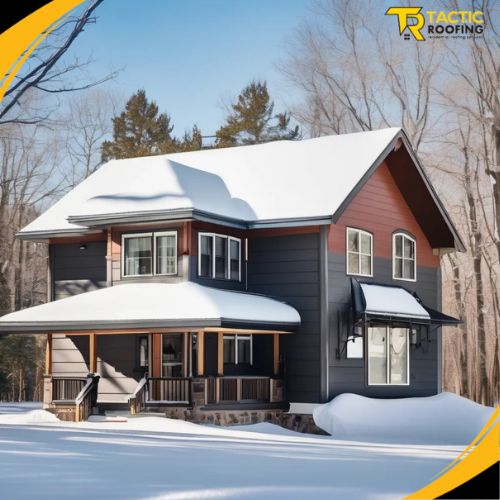 Snow-covered roof with durable metal shingles