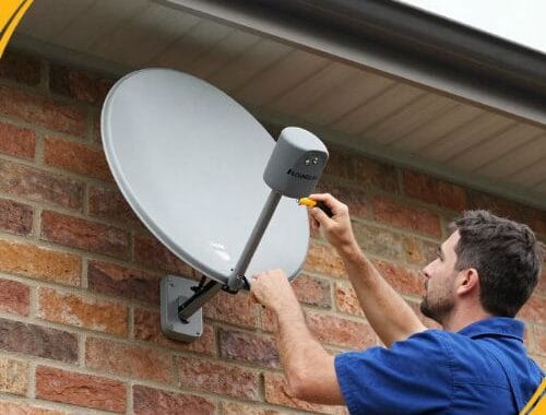 wall-mounted satellite dish bracket on a brick exterior wall