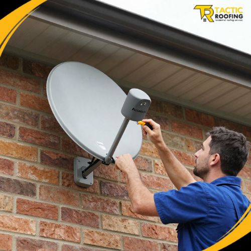 wall-mounted satellite dish bracket on a brick exterior wall
